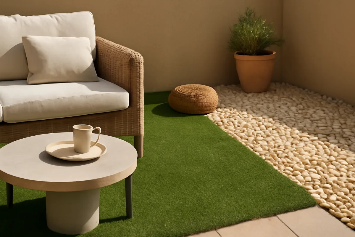 Erba sintetica e pietra decorativa: accostamenti vincenti per aree relax all’esterno